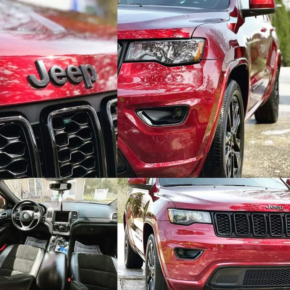 Red Jeep Grand Cherokee exterior details including grille, headlights, badge and interior cabin view
