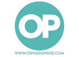 Owners Pride logo with white letters OP on teal circular background and website URL below