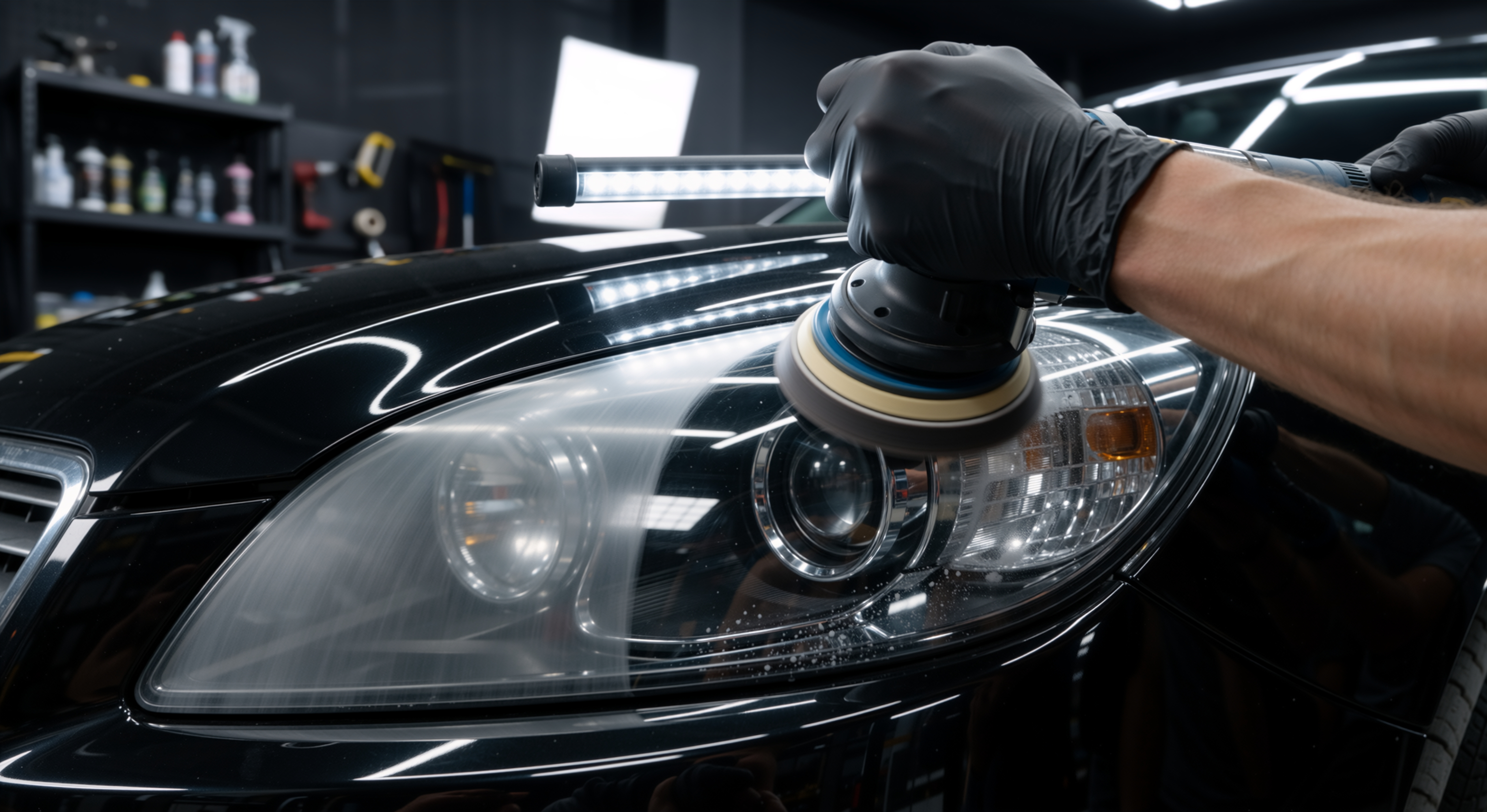 Professional detailing orbital polisher buffing car headlight in workshop