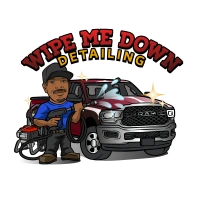 Wipe Me Down Detailing logo featuring cartoon character with truck and detailing equipment